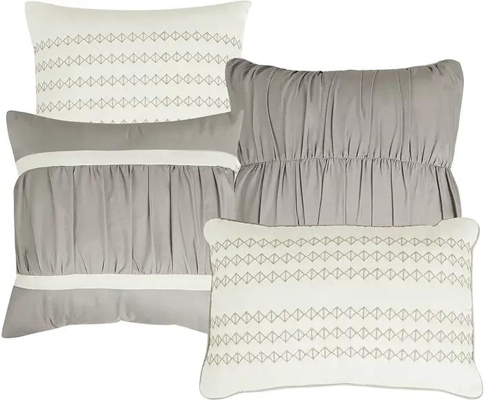 Ensemble de couette Queen de luxe gris, microcarence rayée, polyester, 7 pièces