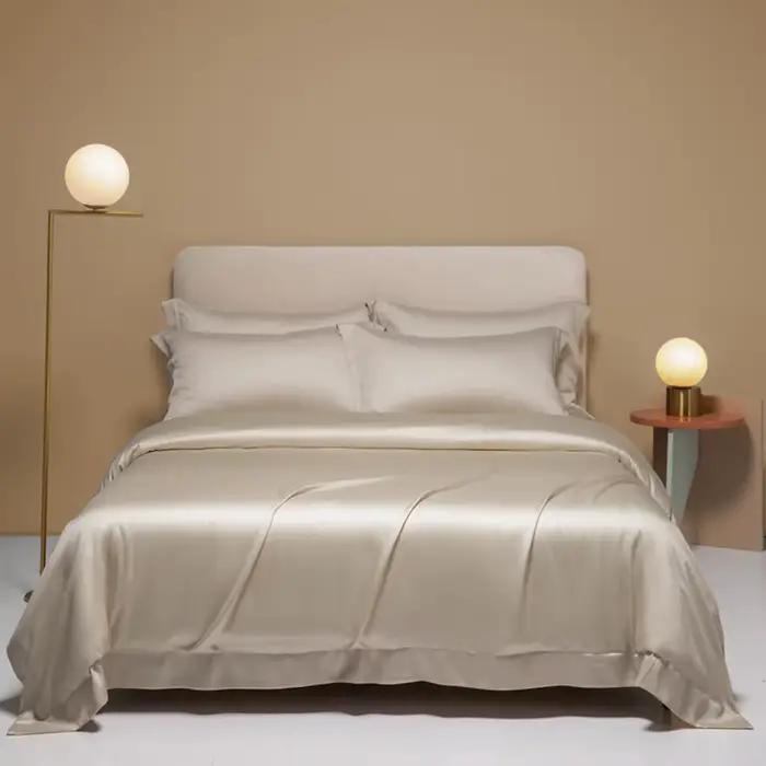 Parure de lit Lanlika pour femme en soie naturelle 100 %, couleur unie camel, pour lit Queen et King