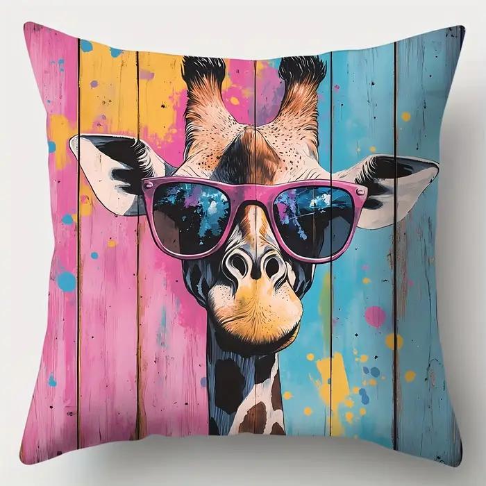 Housse de coussin en Polyester avec impression 2D double face, motif girafe amusante avec lunettes d