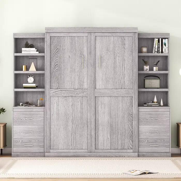 Lit Murphy gris pleine grandeur avec tiroirs et étagères de rangement pratiques