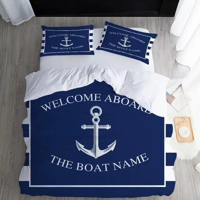 Parures de lit nautiques Tex avec nom personnalisé, literie européenne, bleu ancre, linge de lit pou
