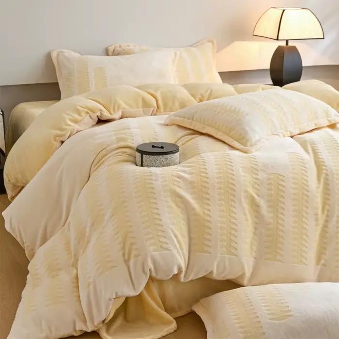 Parure de lit en velours de lait, housse de couette géométrique chaude + drap + taie d'oreiller, hou