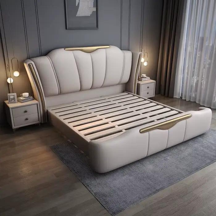 Lit Double Luxe Moderne avec Tête de Lit Rembourrée 200x220cm, Grand Lit avec Rangement, Meuble de M