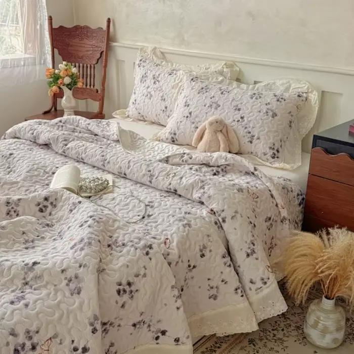 Ensemble de couvre-lit matelassé, 3 pièces, impression de fleurs Vintage avec volants, housse de lit