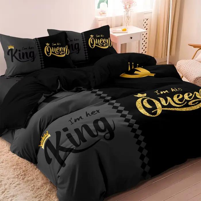 Parure de lit imprimée couronne Queen & King, 3 pièces, à la mode, noir, gris, housse de couette, do