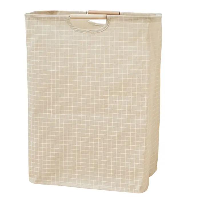 Panier à linge en coton et lin pliable avec doublure imperméable et poignées en bois pour chambre, s