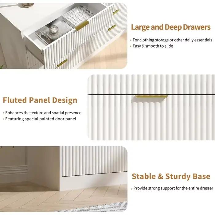 Commode cannelée pour chambre à coucher avec 8 tiroirs, commode double blanche de 55 pouces de large