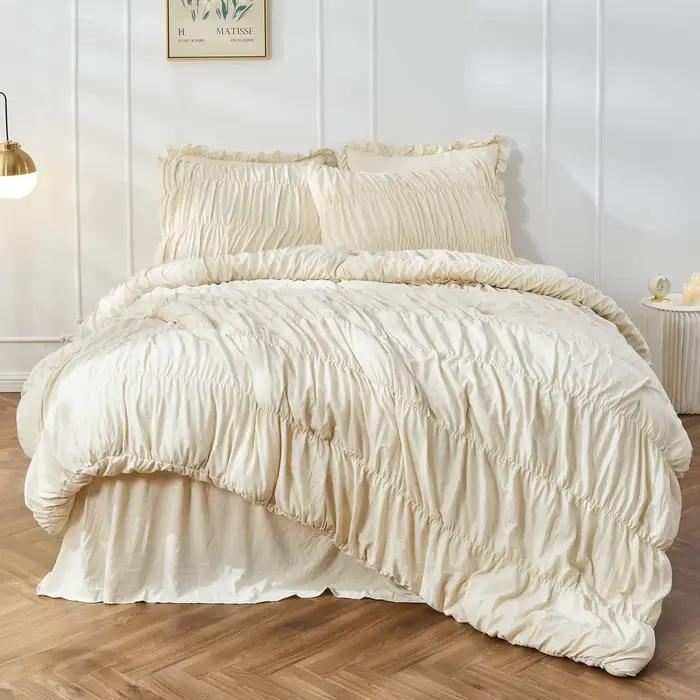 Parure de lit drap-housse, couette et couvre-lit moelleux style bohème marron clair froissé, housse 