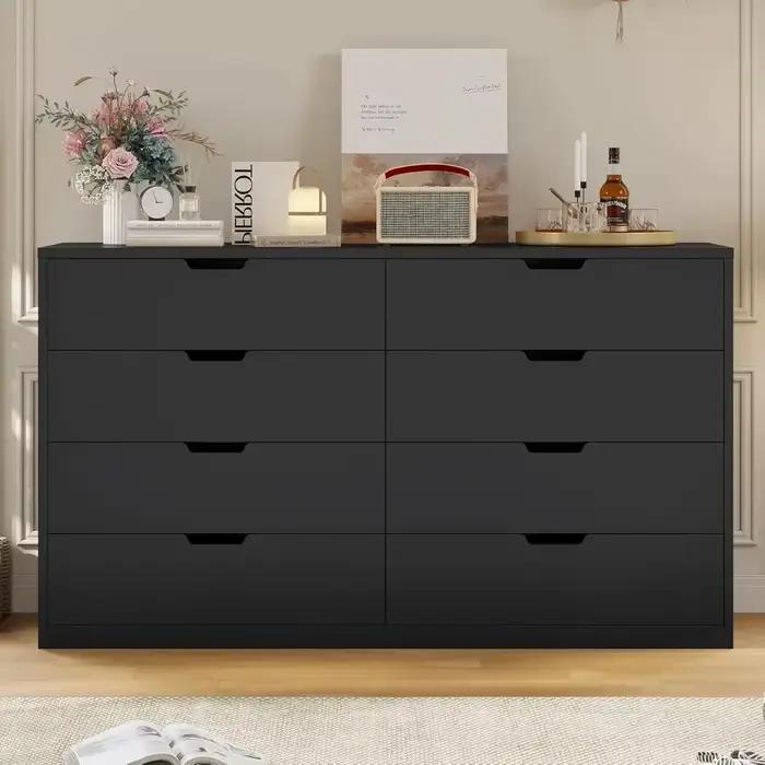 Commode moderne noire à 8 tiroirs pour chambre, salon, couloir - Meuble de rangement robuste avec ti
