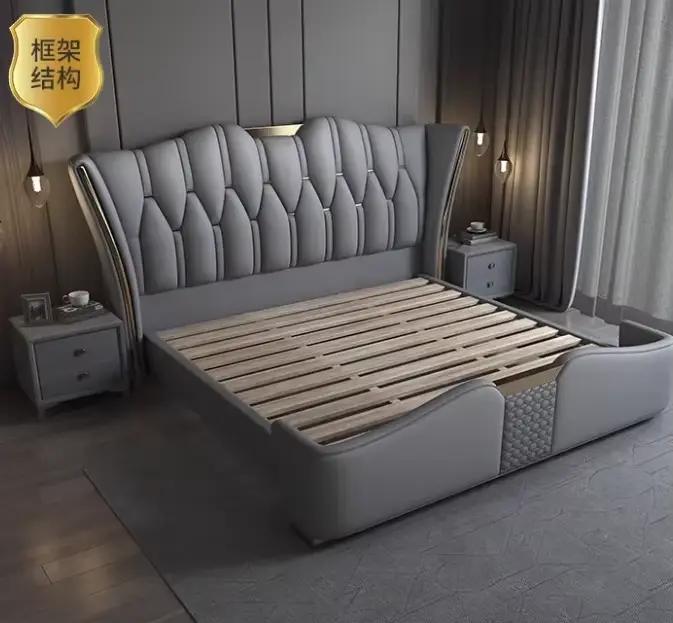 Lit de rangement simple de type italien, design double, pour chambre à coucher, avec base grise en c