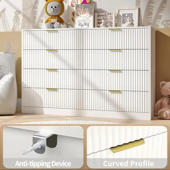 Commode cannelée pour chambre à coucher avec 8 tiroirs, commode double blanche de 55 pouces de large