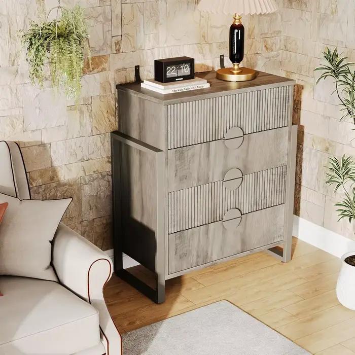 Commode grise cannelée moderne pour chambre à coucher, commode de 36,2 po de hauteur, commode à 4 ti