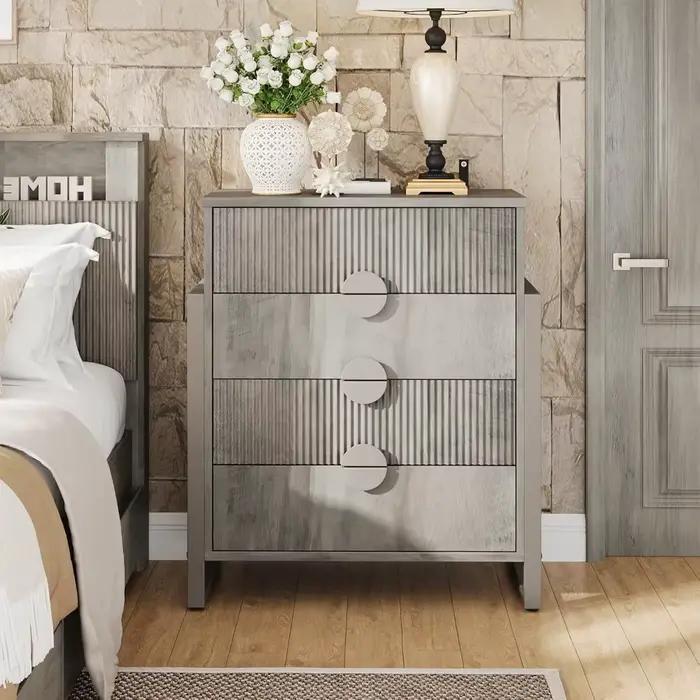 Commode grise cannelée moderne pour chambre à coucher, commode de 36,2 po de hauteur, commode à 4 ti