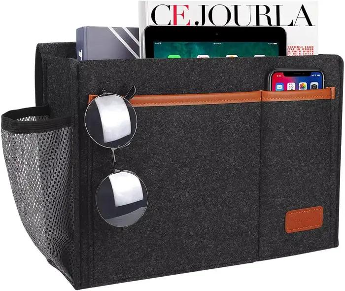 Sac de rangement pour lit en feutre avec 5 poches, télécommande pour tablette et iPad, porte-bouteil