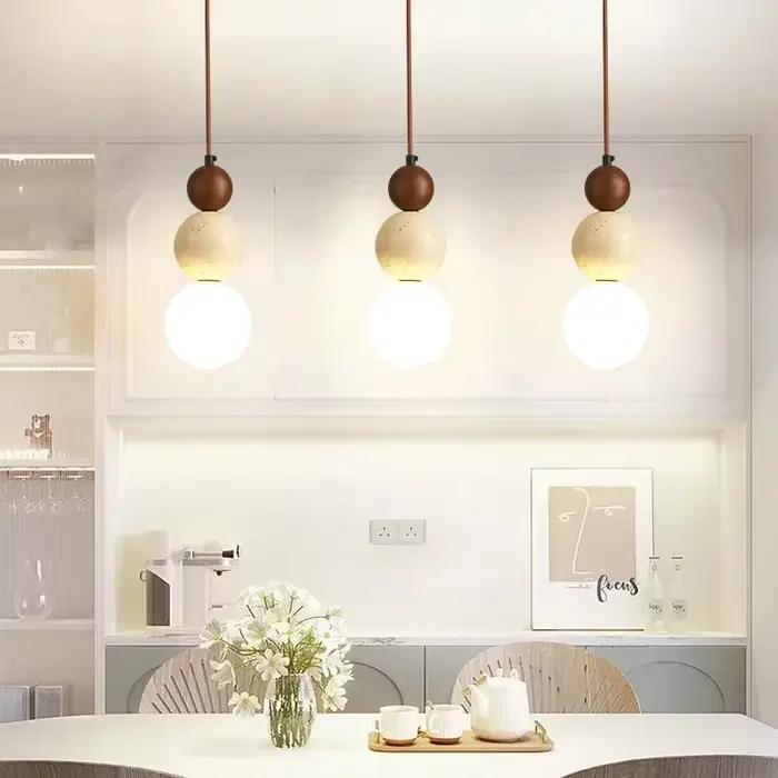 Lampe à suspension de style crème chambre chevet lustre LED pierre bois lumière design Bauhaus resta