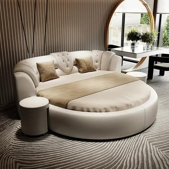 Grand Lit Double Rond de Style Européen Moderne et Minimaliste, Mobilier de Luxe pour Chambre à Couc