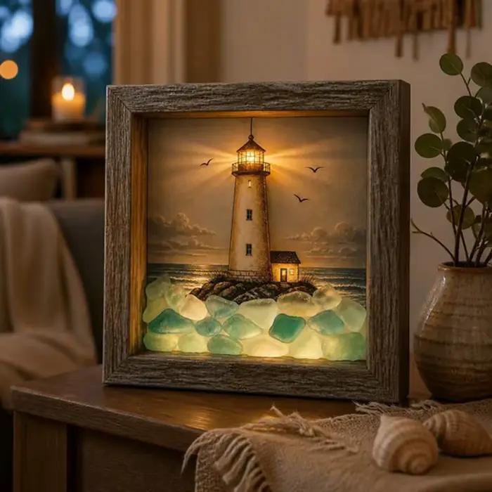 Lampe de chevet veilleuse en verre marin phare côtier, à piles, décoration de bureau, ornement pour 