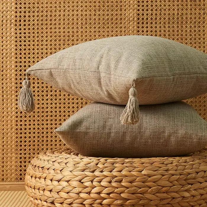 Housse de coussin en lin rustique, taie d'oreiller lombaire neutre avec glands, taie d'oreiller déco