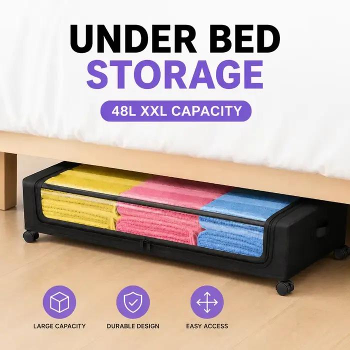 Armoire de rangement sous lit à roulettes avec couvercle, boîte de rangement durable pour organiser 
