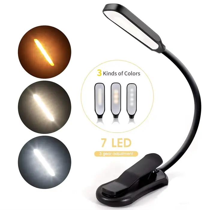 Lampe de lecture Rechargeable Mini 7 LED, 3 niveaux, blanc chaud et froid, Flexible, facile à clipse
