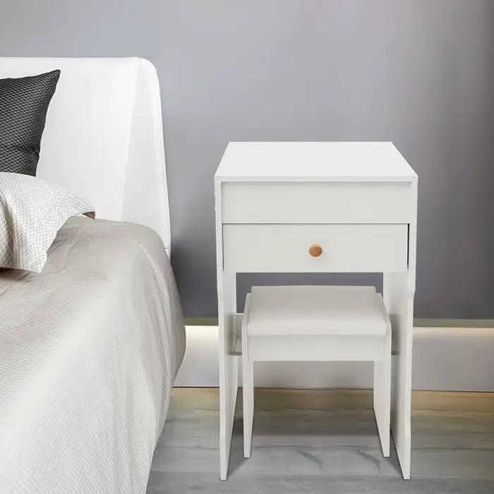 Petit coiffeuse blanc avec miroir rabattable, rangement caché, ensemble de coiffeuse avec plateau en