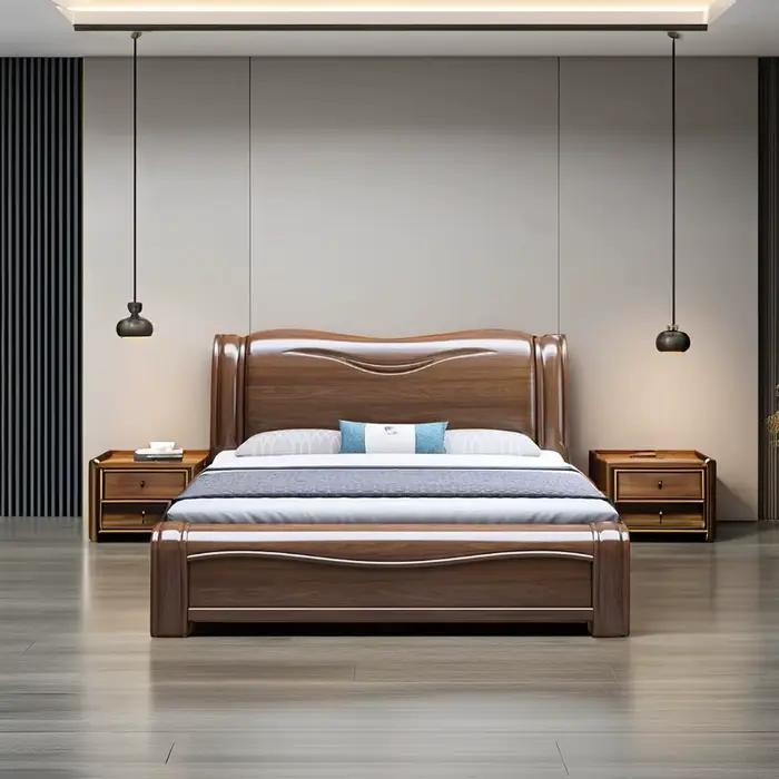 Lit double moderne personnalisé en bois massif, meubles de chambre King Size avec rangement pour la 