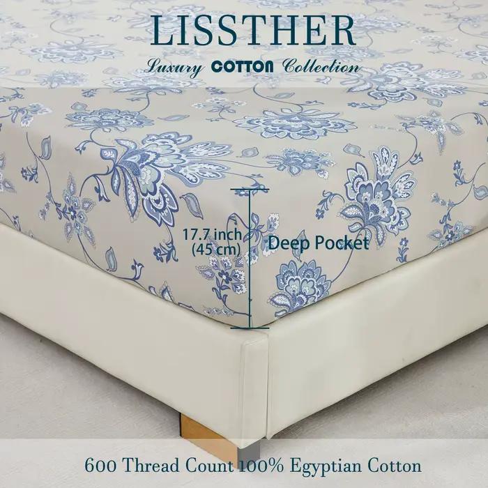 Ensemble de draps en coton égyptien 100% 600TC, 4 pièces, motif Paisley damassé bleu Boho, doux pour