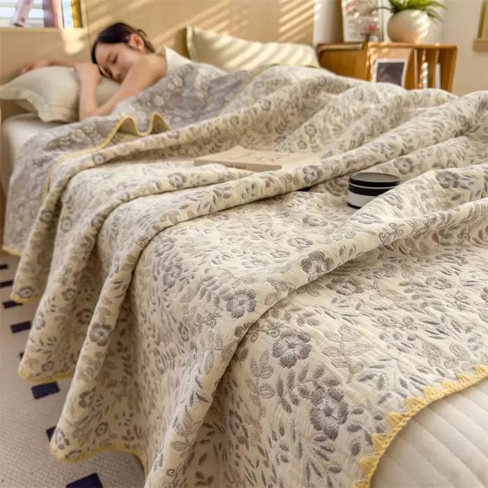 Couverture en gaze de coton 1 pièce, couette matelassée douce à rayures florales, couette de climati