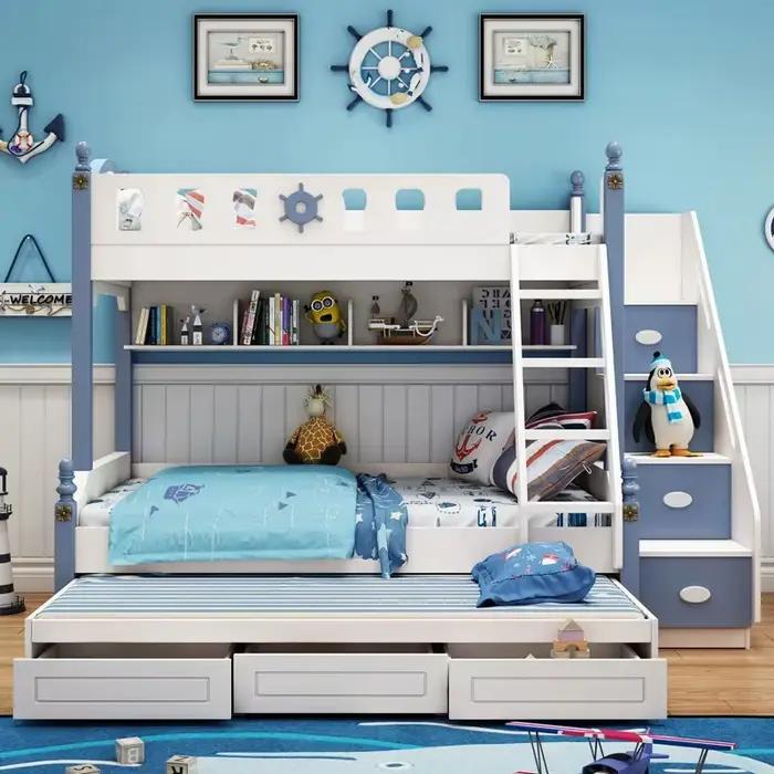 Lit superposé élégant en bois massif pour enfants – Bleu et blanc avec étagères et tiroir coulissant