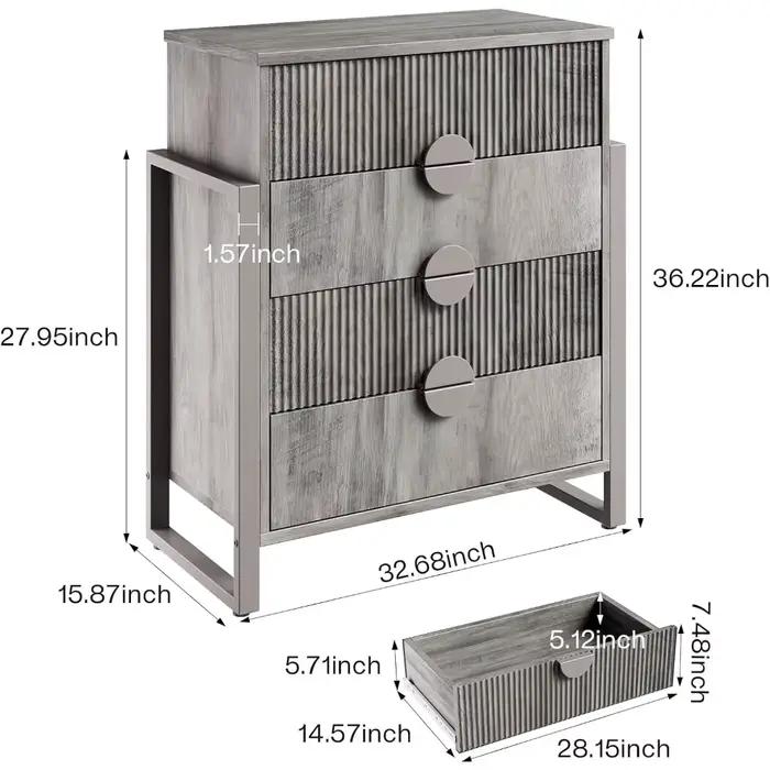 Commode grise cannelée moderne pour chambre à coucher, commode de 36,2 po de hauteur, commode à 4 ti