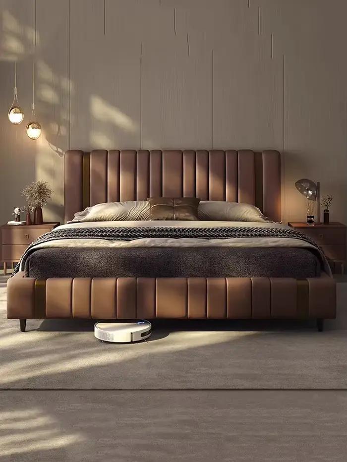 Lit double unique pour chambre à coucher, tête de lit rembourrée moderne et vintage, cadres en bois,