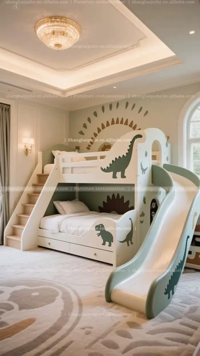 Lit superposé thème Monde des Dinosaures pour chambre de garçon, lit mezzanine double, pour enfant e