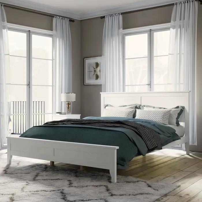 Lit à plateforme moderne en bois massif blanc, queen size