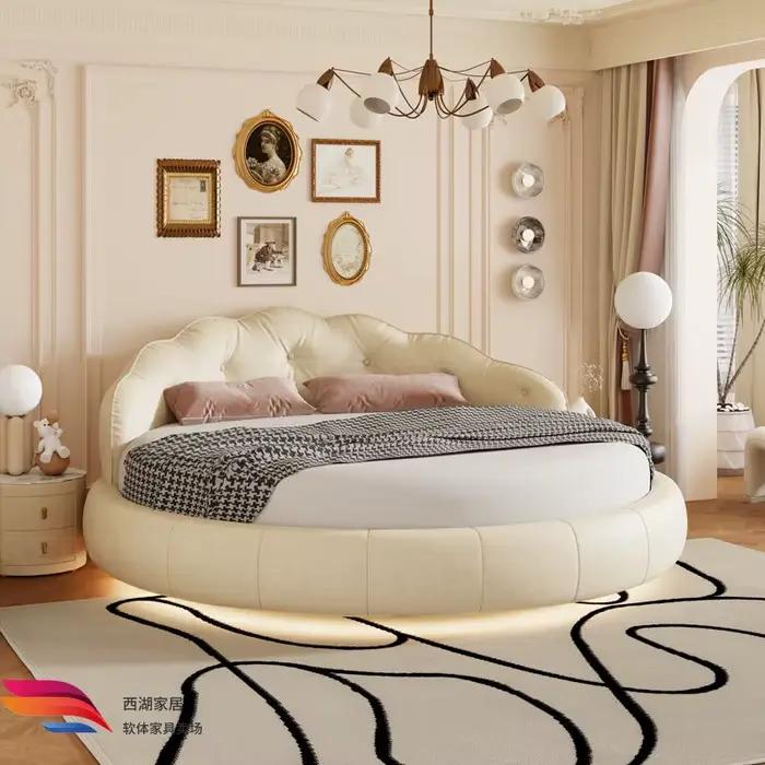 Lit rond de luxe crème avec dossier souple blanc pour 2 personnes, style princesse, lit king size po