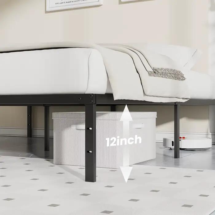 Cadre de lit JHK Basic 12 pouces, tailles Twin, Full, Queen, King, en métal, plateforme, avec espace