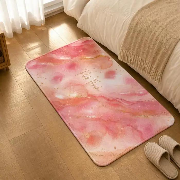 Tapis de chevet en flanelle, motif marbré rose et or aquarelle, antidérapant, absorbant, long, pour 