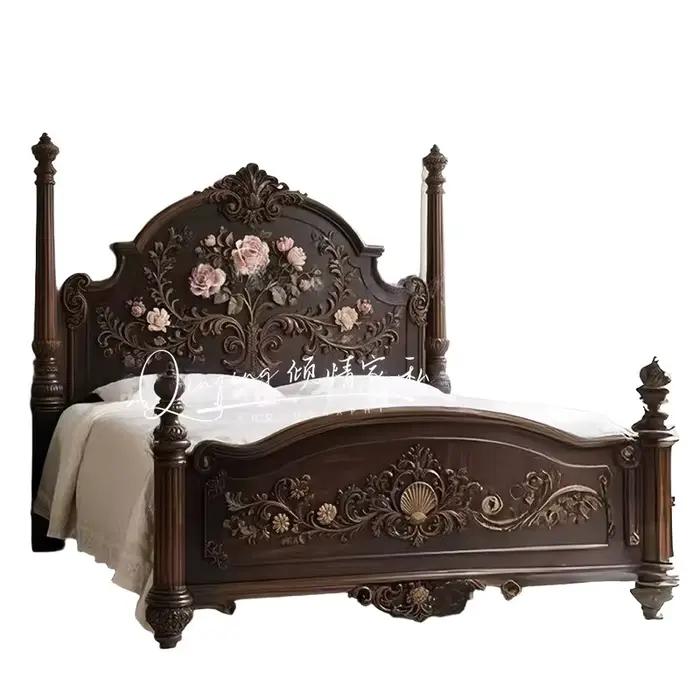Lit double esthétique avec tête de lit, entièrement en bois, pour couples, taille Queen, lits double