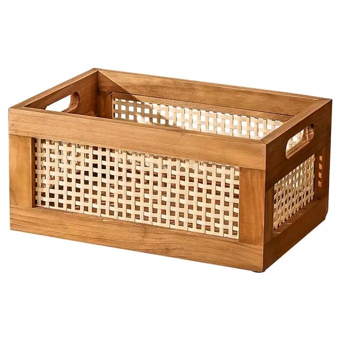 Boîte de rangement de bureau japonaise en bois massif, panier de rangement tissé en rotin rétro, liv