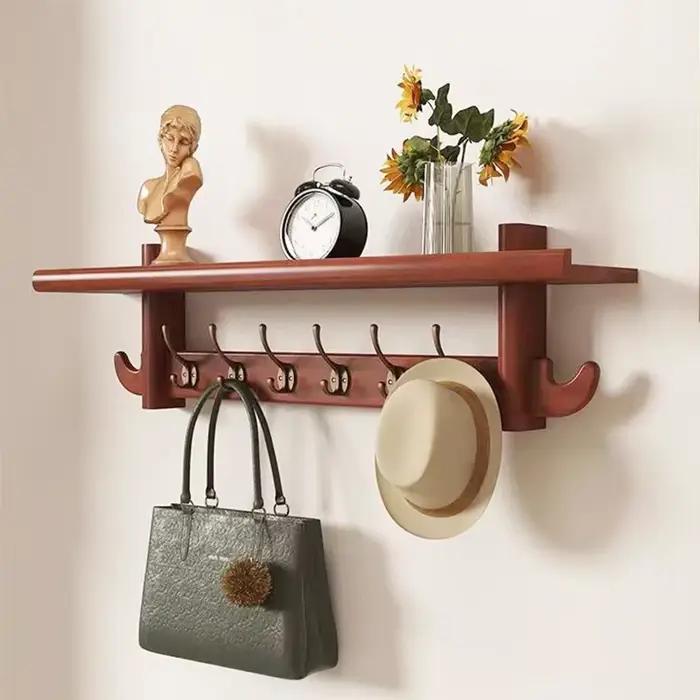 Porte-manteau mural en bois massif, organisateur d'entrée rustique avec étagère et crochets, Solutio
