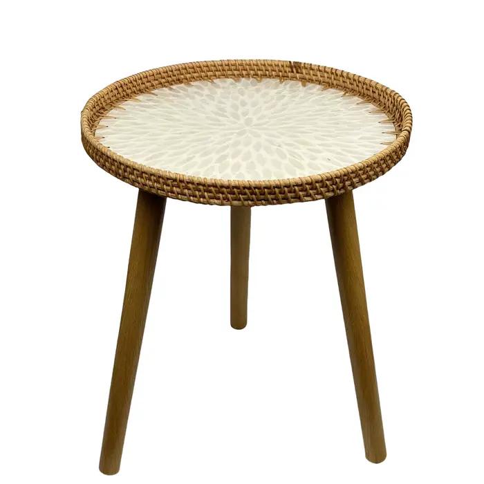 Table de bout ronde en rotin, table d'appoint Boho pour la salle de séjour avec incrustation en nacr