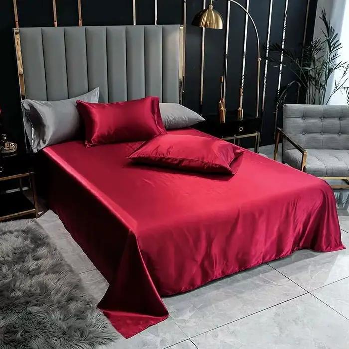 Draps de lit d'été en satin de soie – Drap plat uni, taille double/pleine/Queen/King, linge de lit r