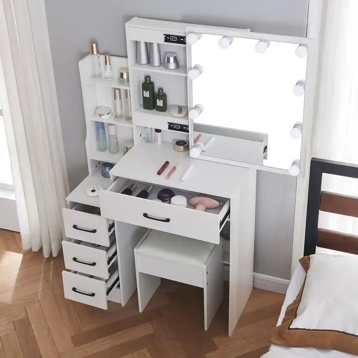 Commode avec miroir à ampoule LED, ensemble de vanité avec 4 portes de proximité, 3 motifs lumineux 