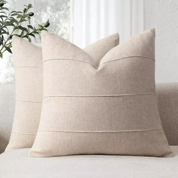 Housses de coussin décoratives en lin pour l'automne, lot de 2, unies et rayées, faites à la main, p
