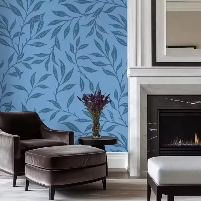 Papier peint esthétique aux feuilles bleues, motif de feuilles vintage élégant pour la décoration in