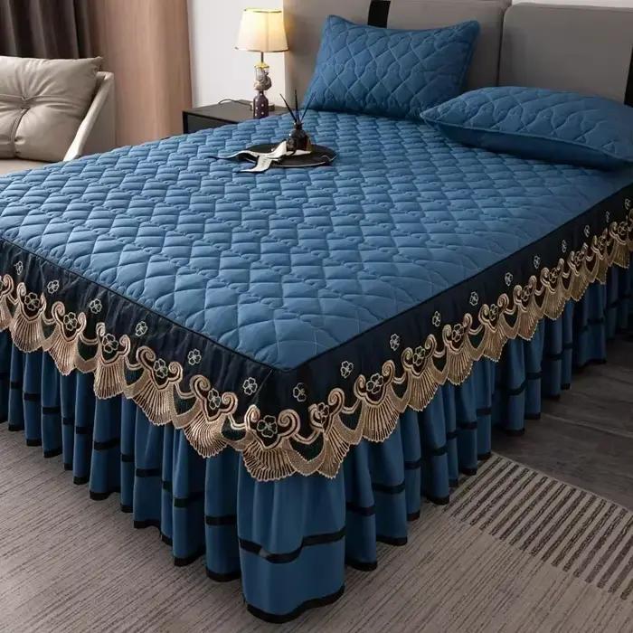 Jupe de lit en dentelle brodée dorée, couvre-lit épais matelassé en forme de cœur, antidérapant, rés