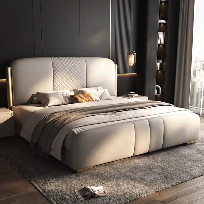 Lit Double Luxe Nordique 180x200cm avec Table de Chevet Esthétique, Tête de Lit Rembourrée Multifonc