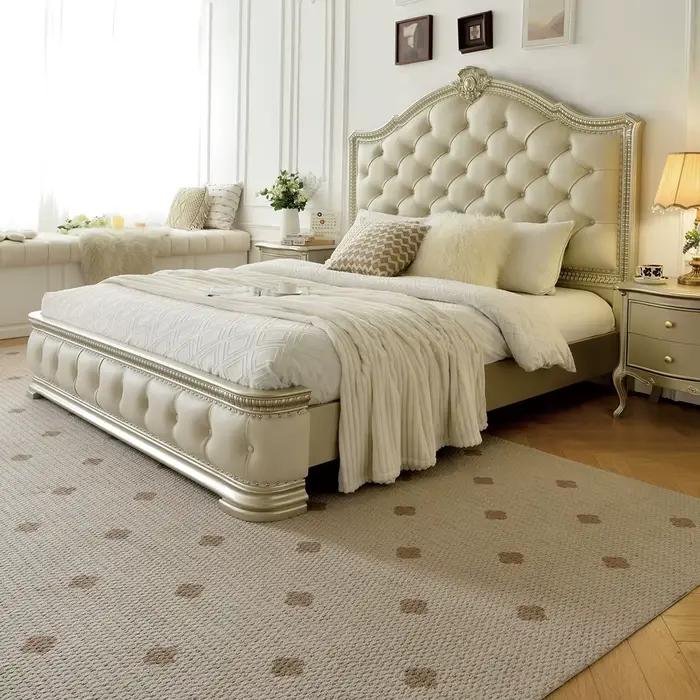 Lit Queen crème de luxe français moderne, avec panneau de princesse Simple en bois massif, lit Doubl