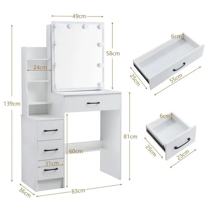 Commode avec miroir à ampoule LED, ensemble de vanité avec 4 portes de proximité, 3 motifs lumineux 