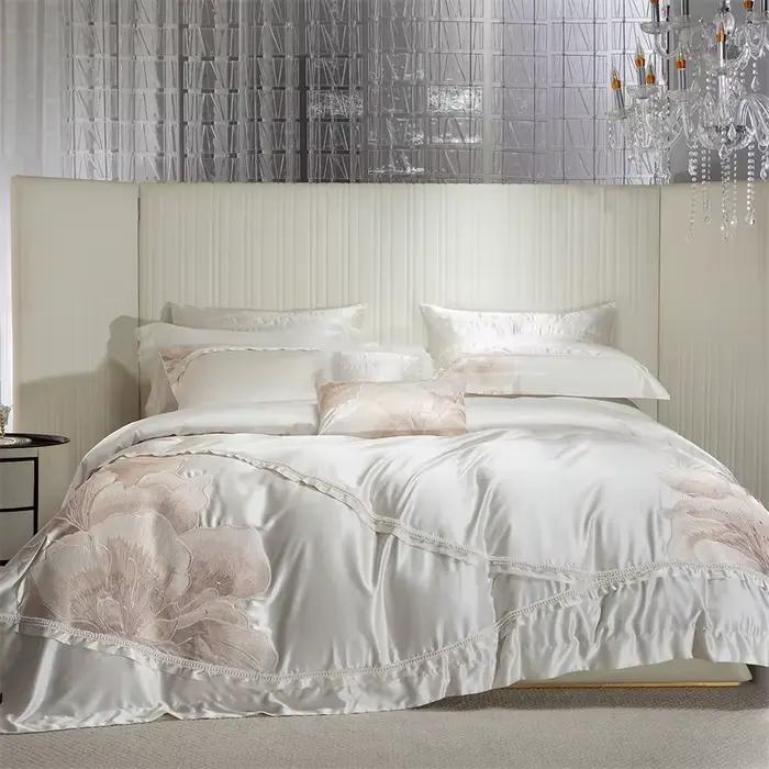 Ensemble de literie en coton lyocell de luxe, housse de couette à grande broderie florale 4 pièces, 