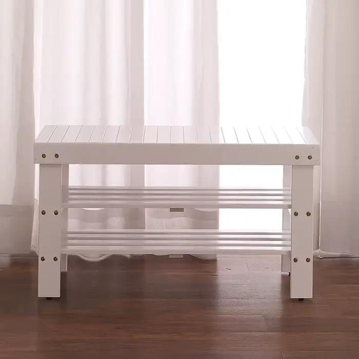 Banc à chaussures en bois massif de qualité Pina, finition blanche sur place